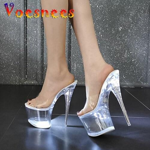 Voesnees Pole Dance Shoes Female Clear Slippers Summer Transparent Sandals High Heels 17.5CM Outdoor Slides Fashion Women Shoes