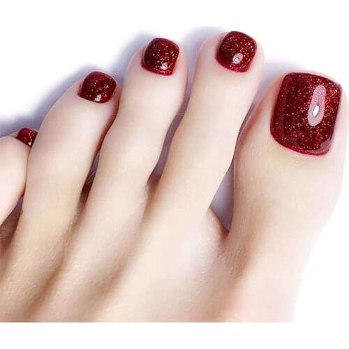 Ladies Sexy Wine Red Shimmer Smooth Foot Fake Nail Women Fashion Summer Beach Toe Nail Art Tips with Glue Bridal Toe False Nails