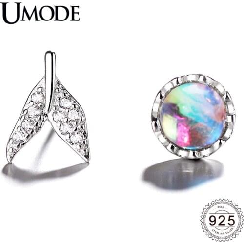 UMODE New 925 Sterling Silver Moonston Stud Earrings for Women Rainbow Color Mermaild Tail Jewelry Brincos Bijoux ALE0595