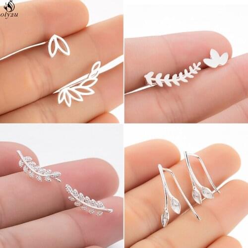 Oly2u Vintage Boho Leaf Earrings Cuff Ear Crawlers Wedding Jewelry Leaves Branch Ear Climber Stud Earrings for Women Bridal Gift