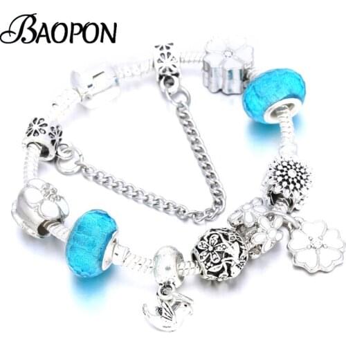 BAOPON 2020 New Flower & Bird Charm Bracelets & Bangle Silver Color Jewelry For Women Fit Crystal Fine Bracelet Jewelry Pulseras