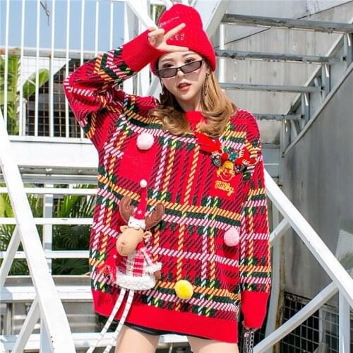 Thai street fashion lady Christmas sweater retro loose thick personality sweater female long loose sweater christmas sweater