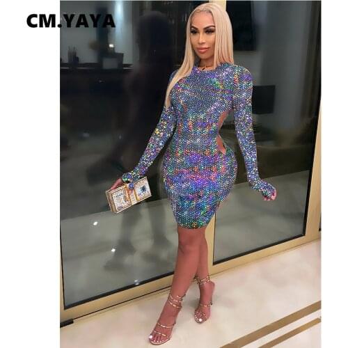 CM.YAYA Women Sequins Cut Out Open Back Long Sleeve Bodycon Midi Mini Dress for Sexy Club Night Party Dresses fall winter