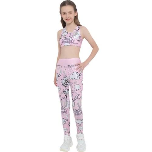2pcs Kids Girls Sports Ballet Dance Set Yoga Gym Dancewear Cartoon Print Sleeveless Crop Tanks Tops Shirt Long Pants Suit Outfit