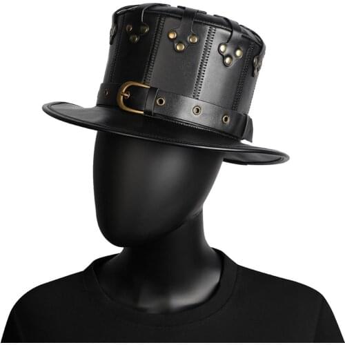 Aboutcos Punk Hat Adult Black Riveted PU Leather Halloween Plague Doctor Cosplay Steampunk Flat Hat Gothic Costume Accessories