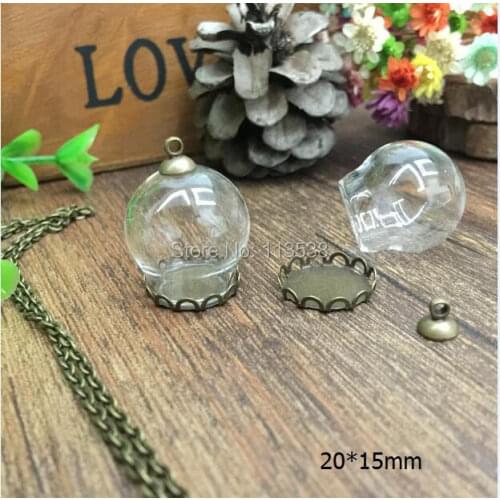 Free ship 20sets/lot 20*15mm diy clear glass globe bronze lace base glass vial pendant glass cover charm pendants jewelry making