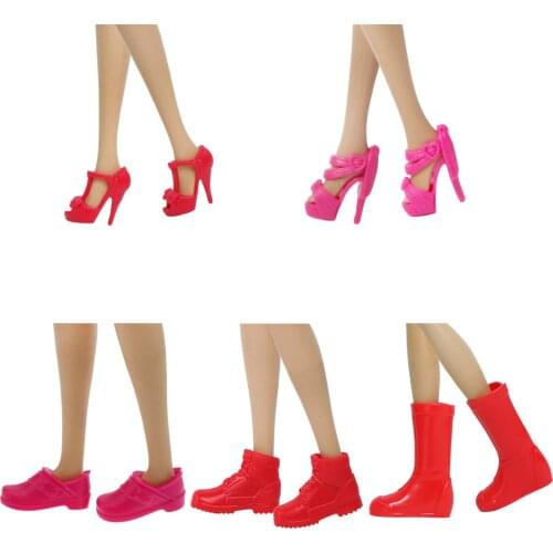 5 Pairs Fashion Red Shoes Mix Style High Heels Flat Sandals Daily Casual Wear DIY Accessories Shoes for Barbie Doll House Toy