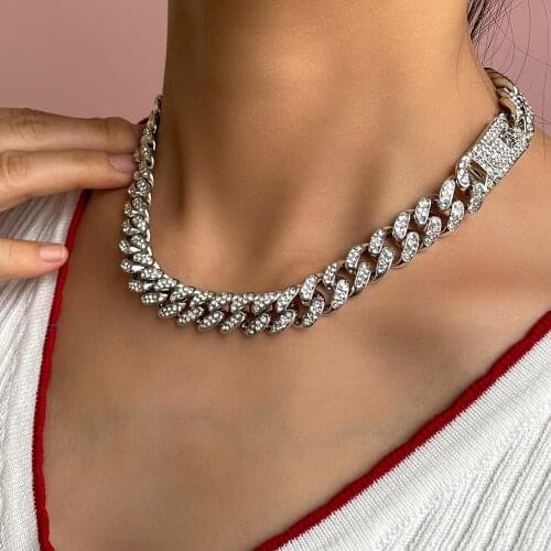 Bling 13mm Full Rhinestone Curb Cuban Link Chain Necklace For Women Hip Hop Rapper Thick Cuban Choker Necklace Statement Jewelry
