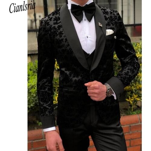 3 Pcs Black Mens Suits Wedding Tuxedos Custom Made Lace Groom Groomsmen Suit Mens' Business Formal Wear
