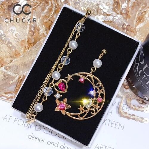 CHUCARI New Design Fashion Creative Jewelry S925 Silver Shiny Crystal Star Moon Pearl Charm Earrings for Women Brincos Jewelry