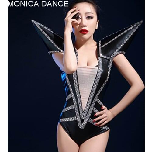 Women Sexy Stage Jazz Dance Costume Personality Black Epaulet Rock Punk Bodysuit Nightclub Bar Concert DJ Singer Dancer Costume