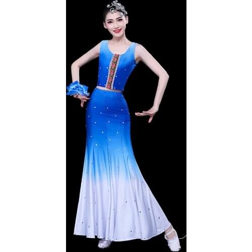 Li National Costume Stage Dance Wear Pavane Mermaid Skirt Chinese Folk Dress Performance Stage Outfits Tibetan Dress TA2267