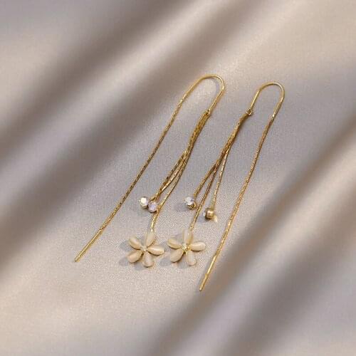Sweet Simple Fashion Long Ear Line Dangle Earrings Opal Stone Flower Small Zircon Pendant Earrings 2021 New Trendy Jewelry