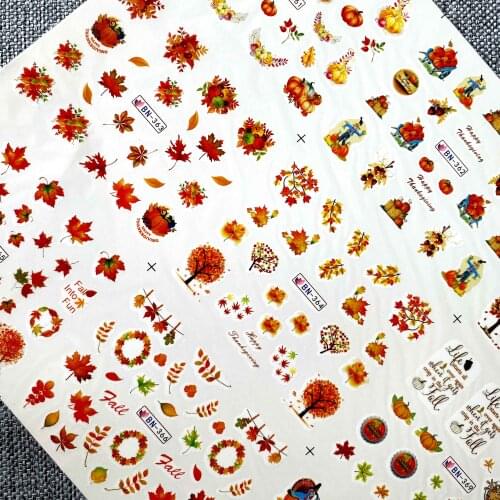 12 Designs Thanksgiving Nail Sticker Autumn Leaf Pumpkin Watermark Slider Nail Art Decals DIY Slider Tattoo Manicure Decor