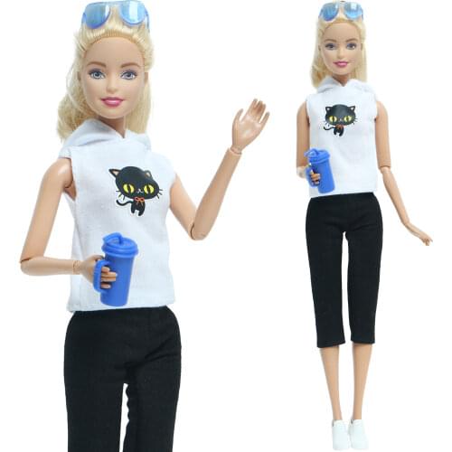 Doll Outfits White Hoodies Black Shorts Pants Glasses Shoes Cute Daily Wear Clothes for Barbie Doll Accessories Set Toy