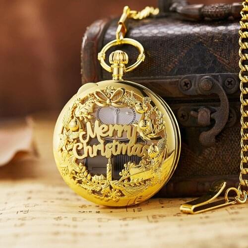 Hollow Christmas Musical Pocket Watch Hand Crank Music Playing Quartz Watch Fob Chain New Years Gift