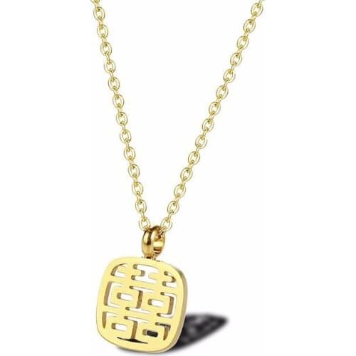 RIR Stainless Steel Square Hollow Chinese Character Necklace Creative Female Jewelry Necklace Bridesmaid Bride Best Gift
