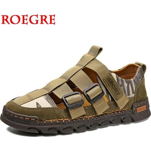 New Summer Mens Casual Sandals Shoes Leather Mesh Splicing Fashion Sandals Beach Comfortable Breathable Outdoor Sandals Size 48
