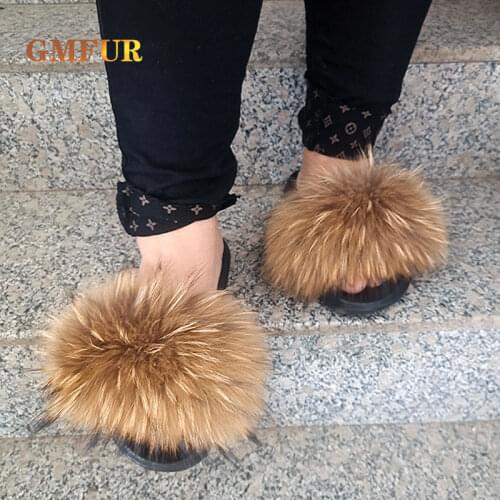Women Summer Casual Raccoon Fur Slides House Home Fluffy Slippers Comfort Furry Flats Sweet Ladies Beach Shoes Outdoor Sandals
