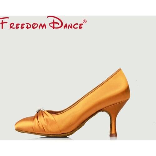 Women Latin Dance Shoes Silk Satin Diamond Ballroom Dance Shoes Girls 3" High Heel Tango Shoes Toast Performance Shoes 7.5cm