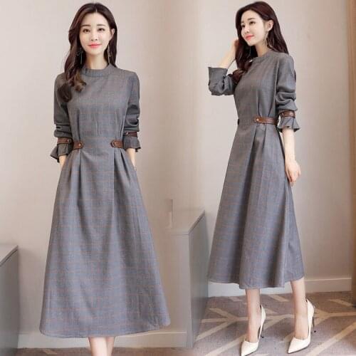 Spring Fall Women Stand Collar Pu Leather Patchwork Flare Full Lseeve Plaid Dress , Woman High Waisted Korean Style Grey Dresses