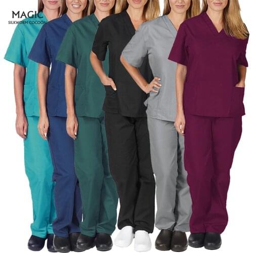 High Quality Solid Color Nursing Scrubs Women Uniforms Elasticity Pet Clinic Nurse V-neck Medical Doctor Work Clothing Wholesale