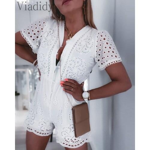Women Casual Lace Hollow Out Short Sleeve White Playsuit