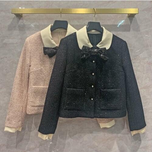 Spring Autumn New Designer Bowtie womens woollen coat High quality sequins 100% Silk lining tweed coat C713