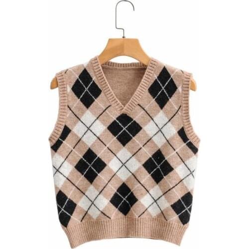 Urifens Preppy Style V-neck Plaid Sweater Vest 2021 Korean Sleeveless Knit Waistcoat Women Casual Vintage Chic Jumper Top BN38U