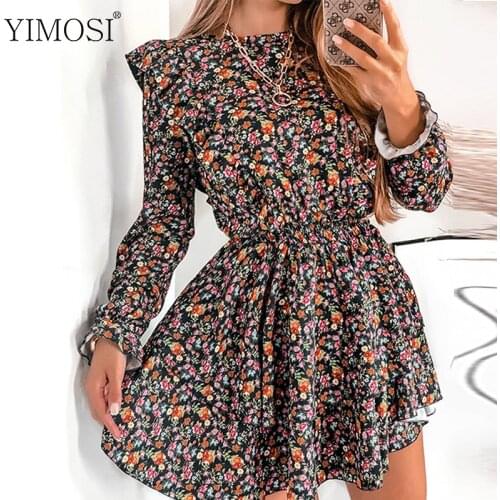 2021 Summer Autumn O Neck Women Floral Dress Ladies Vintage Long Sleeve Ruffle Mini Dress Female Casual Daily Beach Dresses