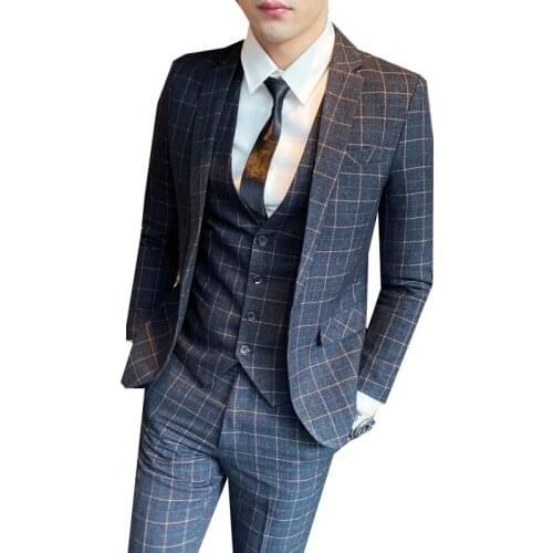 2021 Mainly push mens plaid three-piece mens wedding suit suit + vest + trousers