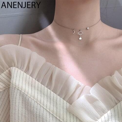 ANENJERY 925 Sterling Silver Magic Stars Moon Planet Universe Pendant Necklace Zircon Clavicle Chain Choker Jewelry S-N538