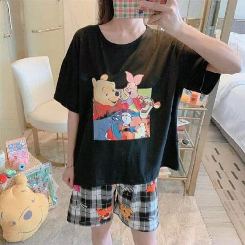Disney Girl cartoon Mickey Minnie duck bear print summer loose short-sleeved shorts thin pajamas suit Harajuku style clothes