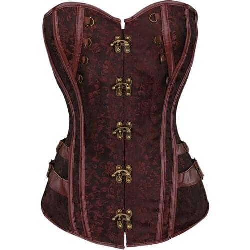 Hot Sale Women Corsets Black Brown Spiral Steel Boned Chain Gothic Retro Overbust Steampunk Bustier Corset Bustiers Top Plus