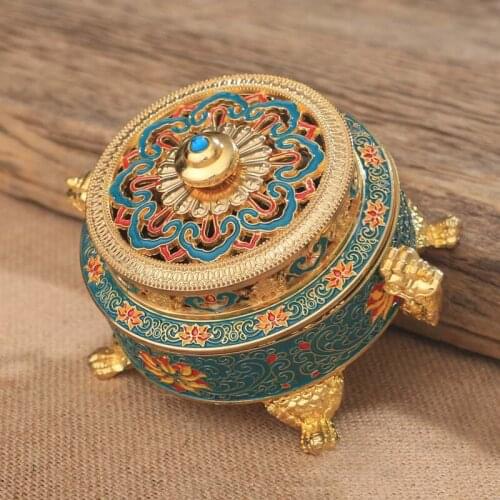 Collectibles Tibetan Style Painted Enamel Copper Alloy Coil Incense Burner Holder Incense Sticks Buddhism Home Decor Metal Z294