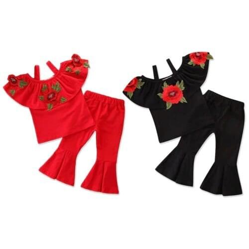 Toddler Baby Girls Summer Rose Printed ruffles Tops + Wide Leg Pants Clothing Sets Cute Outfits clothes 2-8T