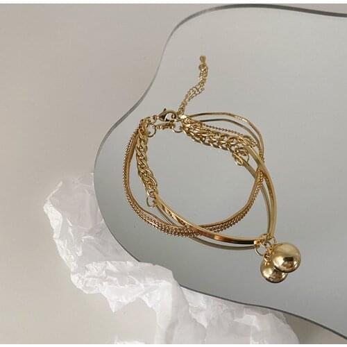 Minar Punk Multi Layered Gold Colour Patchwork Chain Bracelets for Women Ladies Metal Ball Pendant Charm Bracelet Accessories