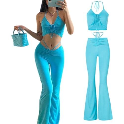 Summer Slim Fashion Women Solid Color Clothes Set, Sleeveless Drawstring Cropped Tops+High Waist Flared Trousers