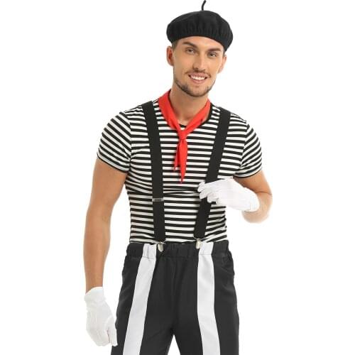 Mens Adults French Mime Artist Circus Ringmaster Cosplay Costume Outfit Striped T-shirt with Beret Scarf Suspender Gloves Sets