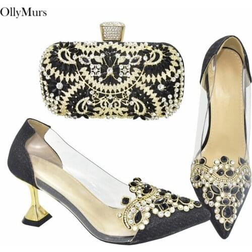 2019 Autumn Ladies Pretty Square Heels Shoes And Bag Set For Party Italian Style Shoes And Bag Set For Party On Stock DF-889