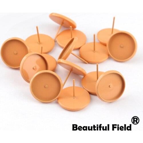 20pcs Fit 12mm Cabochons Earrings Base Ear Setting Colorful Plated Round Cameo Base Blank Light Orange With Plug