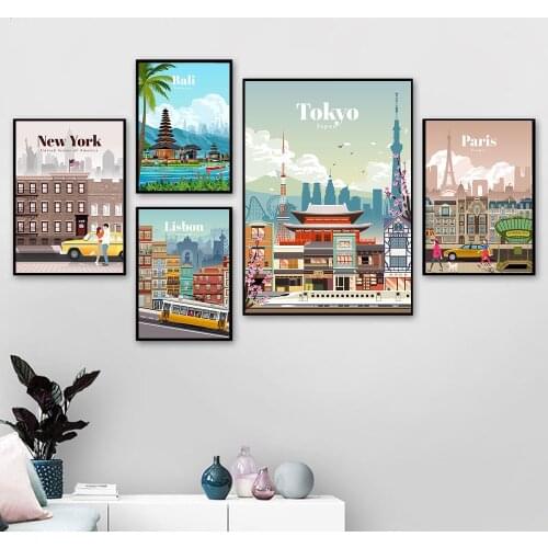 Famous City Retro Travel Poster Cartoon London New York Bali Tokyo Landscape Canvas Painting Wall Art Pictures Livingroom Decor