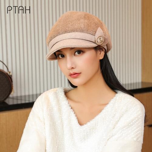 [PTAH] Autumn Winter Hats for Women Solid Plain Octagonal Newsboy Caps Ladies Casual Wool Hat Winter Beret Women Painter Cap Hat