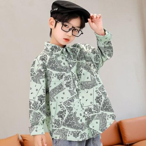 Korean Long Sleeve Teen Boys Shirts Print Top For Children Kids Teenage Turn Down Collar Clothes School Shirt For Boy 4-14 Years