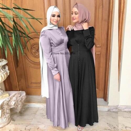 Satin Hijab Dress for Women 2021 New Ramadan Eid Mubarak Elegant Solid Slim Waist Swing Arabic Turkey Muslim Clothes