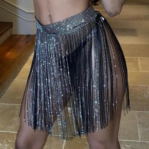 Sexy Metal chain Summer skirt Short festival clothing woman Skirts Women Night club Party glitter Rhinestones mini Skirt 2021 HL