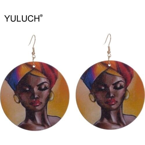 YULUCH Fashion Round Wooden Statement Drop Earrings Ethnic African Queen Painted Printing Pendant Earrings For Lady Jewelry Gift