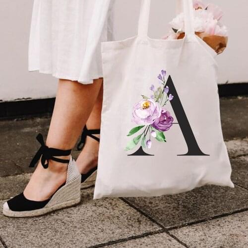 Purple Flowers Letters Shoulder Bags Harajuku Women Travel Shopping Bag Foldable Large Capacity Pouch Casual Canvas Storage Bag