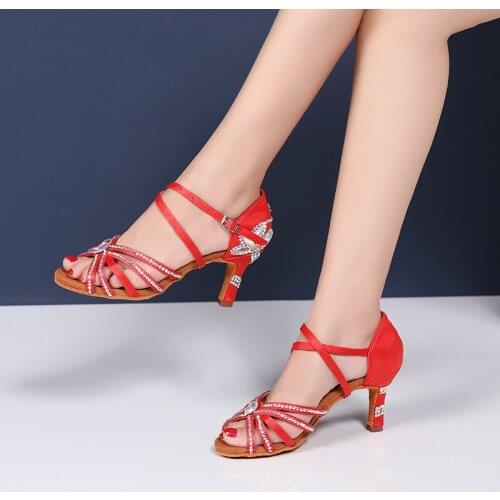 New style latin dance shoes diamond-studded satin female adult mid-high heel dance shoes Women Rhinestone summer sandals