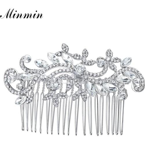 Minmin Silver Color Floral Crystal Bridal Comb Hair Pins Wedding Hair Accessories for Women Flower Hair Jewelry Headwear FS001